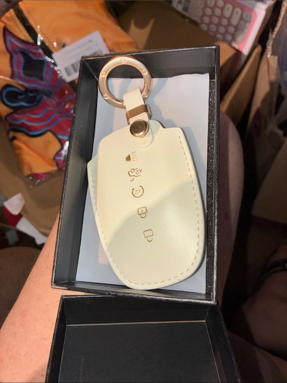 Cream Leather Key Fob with Gold Hardware